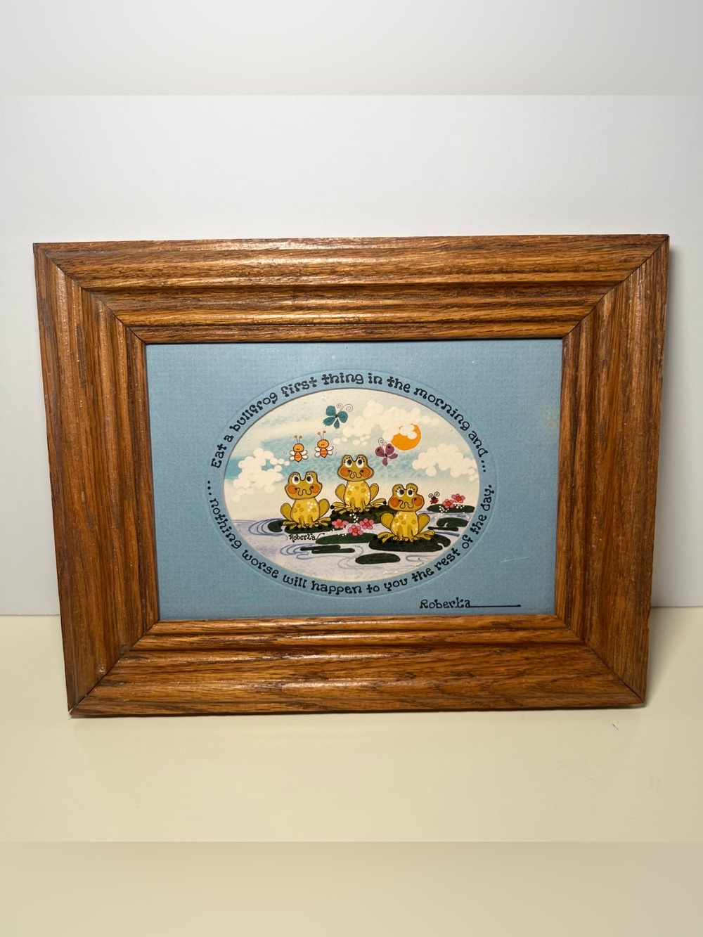 Vintage Wood Framed Grannycore Cottage Retro Kitsch Frog Art Print Signed Robert